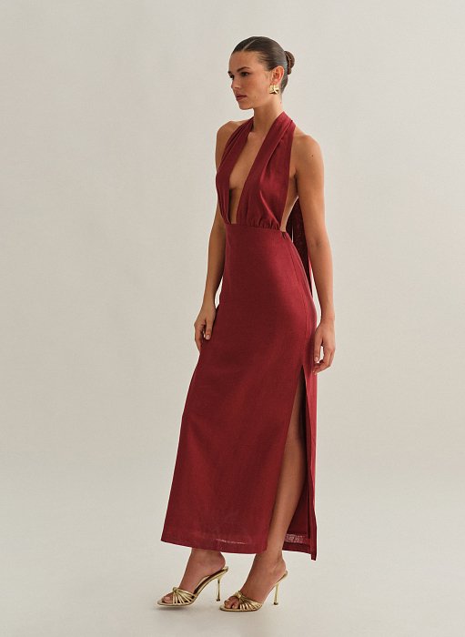 Γυναικείο λινό μακρύ φόρεμα με πολυμορφικό δέσιμο