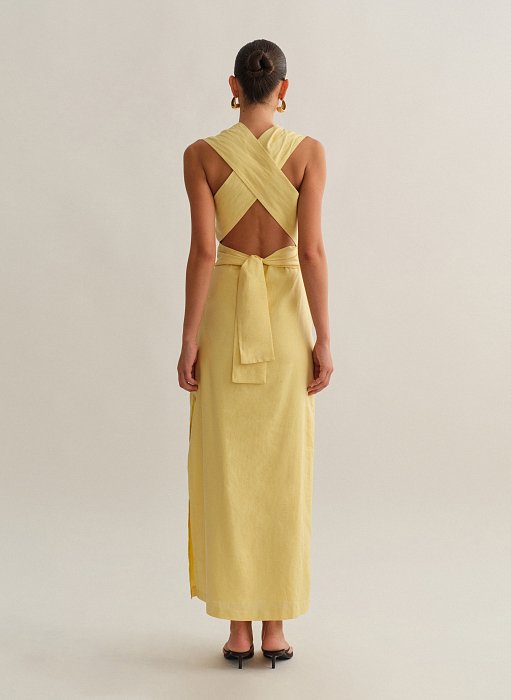 Γυναικείο λινό μακρύ φόρεμα με πολυμορφικό δέσιμο