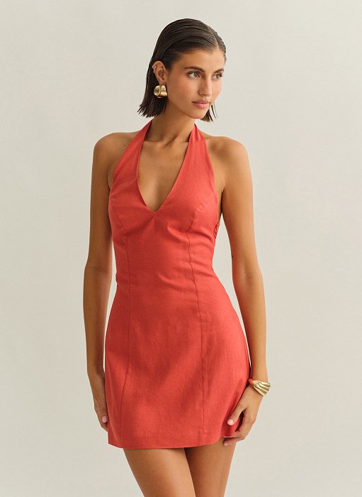 Γυναικείο λινό halter μίνι φόρεμα