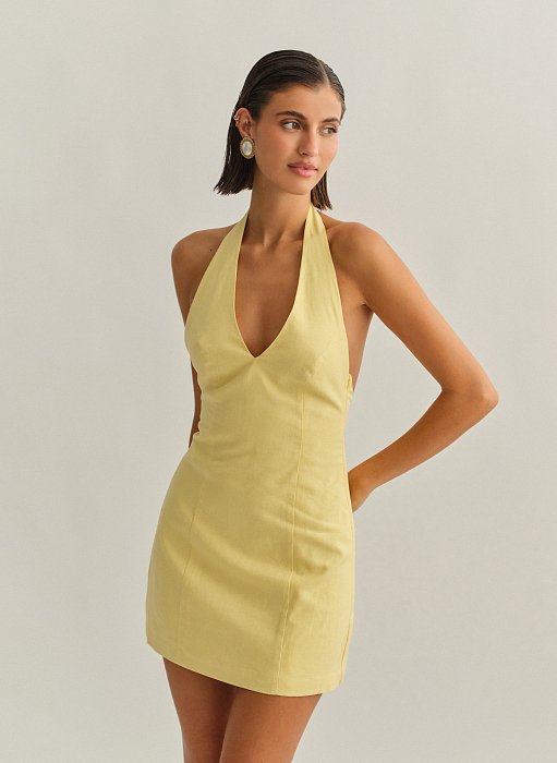 Γυναικείο λινό halter μίνι φόρεμα