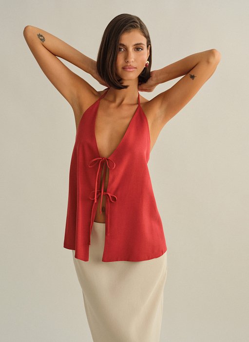 Γυναικείο υφασμάτινο halter τοπ με δέσιμο