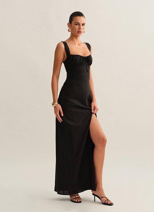 Γυναικείο λινό μακρύ φόρεμα με σούρες