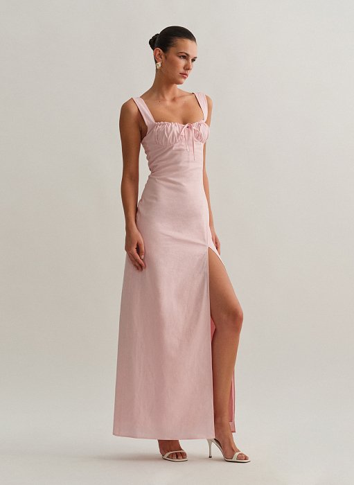 Γυναικείο λινό μακρύ φόρεμα με σούρες