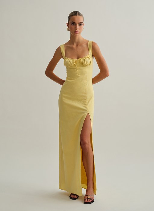 Γυναικείο λινό μακρύ φόρεμα με σούρες