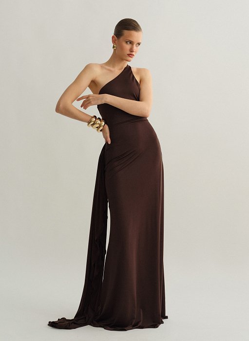 Γυναικείο one-shoulder μακρύ φόρεμα με ζώνη