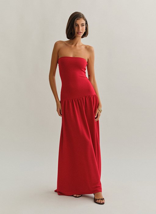 Γυναικείο μακρύ στράπλες φόρεμα με ελαφριά πλέξη