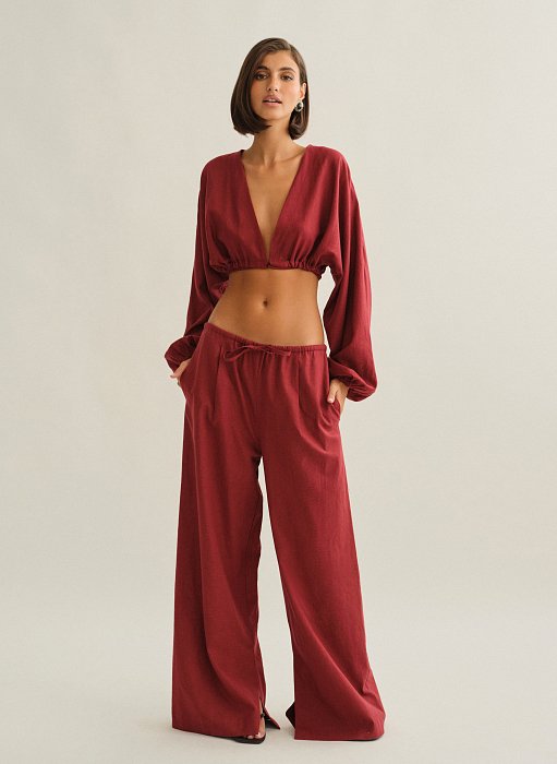 Γυναικείο λινό παντελόνι με κορδόνι στη μέση