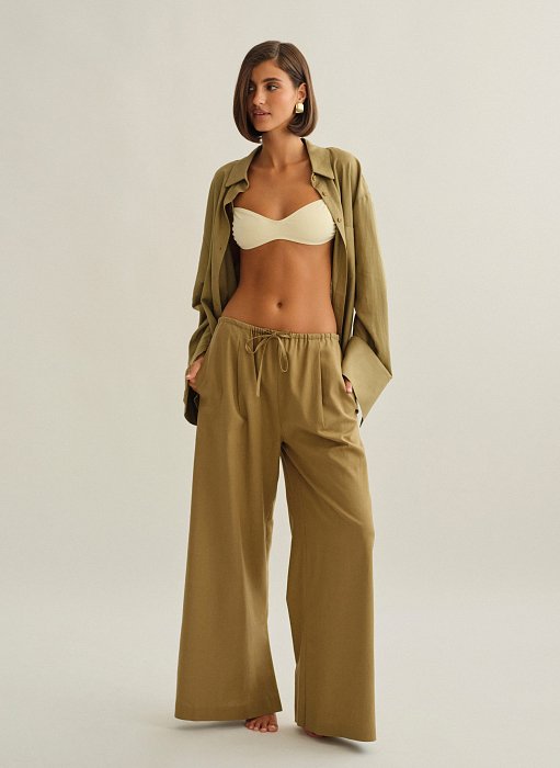 Γυναικείο λινό παντελόνι με κορδόνι στη μέση