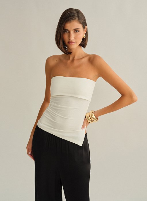 Γυναικεία ασύμμετρη στράπλες μπλούζα με σούρες bamboo