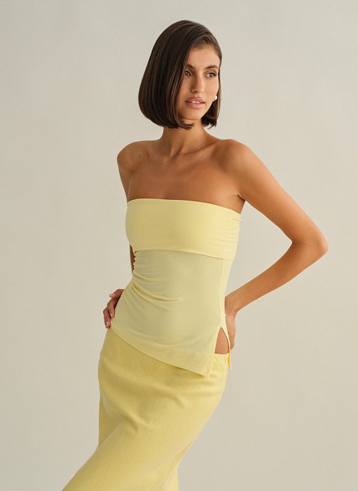 Γυναικεία ασύμμετρη στράπλες μπλούζα με σούρες bamboo