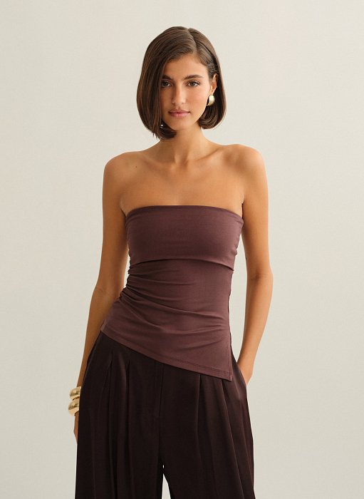 Γυναικεία ασύμμετρη στράπλες μπλούζα με σούρες bamboo