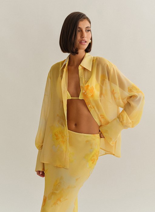 Γυναικείο oversized ημιδιάφανο εμπριμέ πουκάμισο