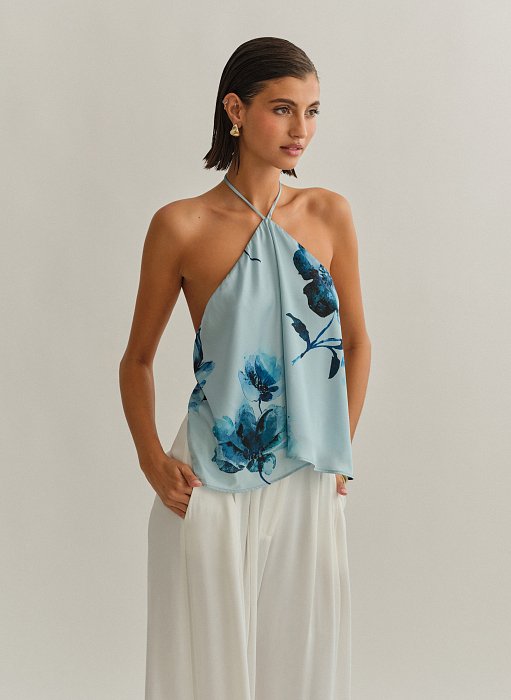 Γυναικείο σατέν halter τοπ εμπριμέ με ανοιχτή πλάτη
