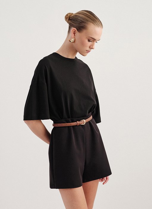 Γυναικεία βαμβακερή μακριά κοντομάνικη μπλούζα oversized