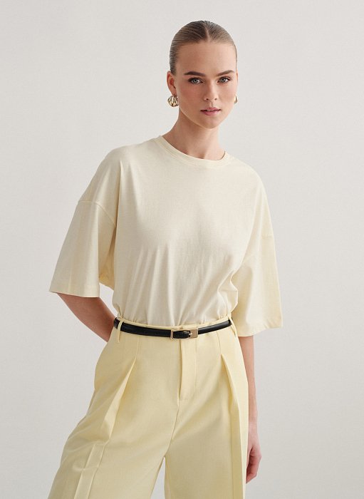 Γυναικεία βαμβακερή μακριά κοντομάνικη μπλούζα oversized