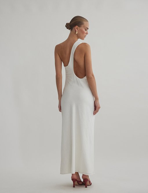 Γυναικείο λινό midi φόρεμα one-shoulder