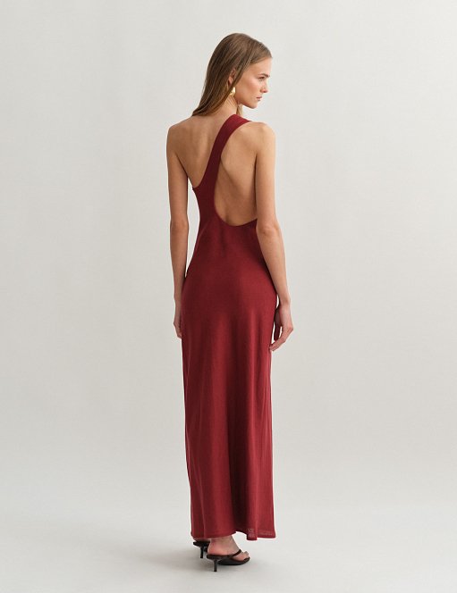 Γυναικείο λινό midi φόρεμα one-shoulder