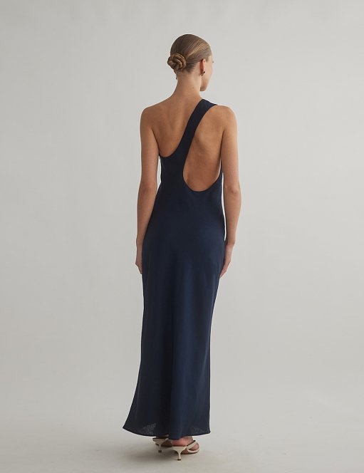 Γυναικείο λινό midi φόρεμα one-shoulder