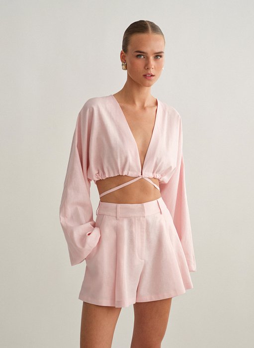 Γυναικείο λινό μακρυμάνικο crop τοπ με δέσιμο