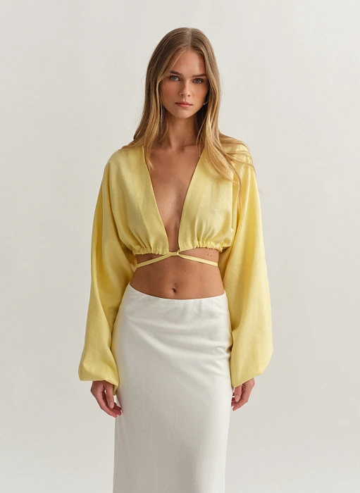 Γυναικείο λινό μακρυμάνικο crop τοπ με δέσιμο