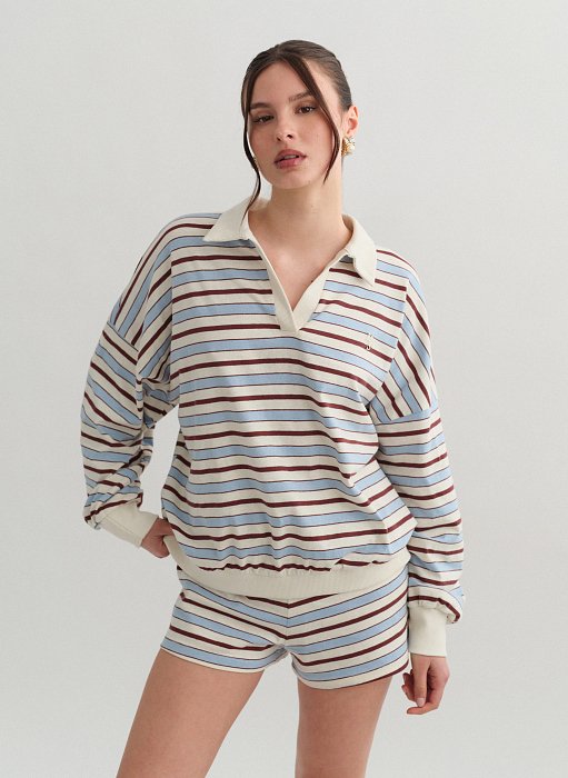 Γυναικεία μακρυμάνικη ριγέ μπλούζα με γιακά και λαιμόκοψη V