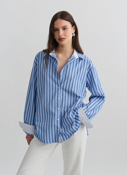 Γυναικείο οversized ριγέ πουκάμισο ποπλίνα με διχρωμία