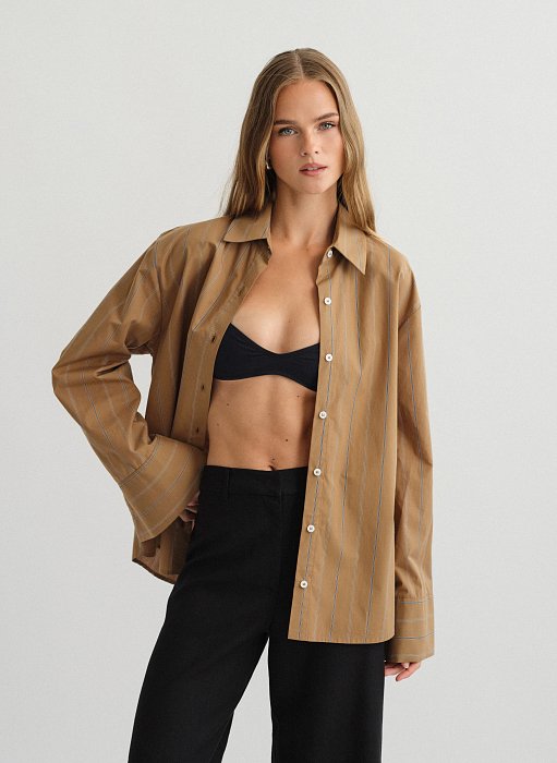 Γυναικείο oversized ριγέ καφέ πουκάμισο ποπλίνα