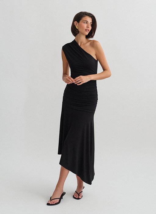 Γυναικείο ελαστικό one-shoulder midi φόρεμα bamboo με σούρες και ασύμμετρο τελείωμα