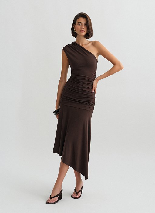 Γυναικείο ελαστικό one-shoulder midi φόρεμα bamboo με σούρες και ασύμμετρο τελείωμα